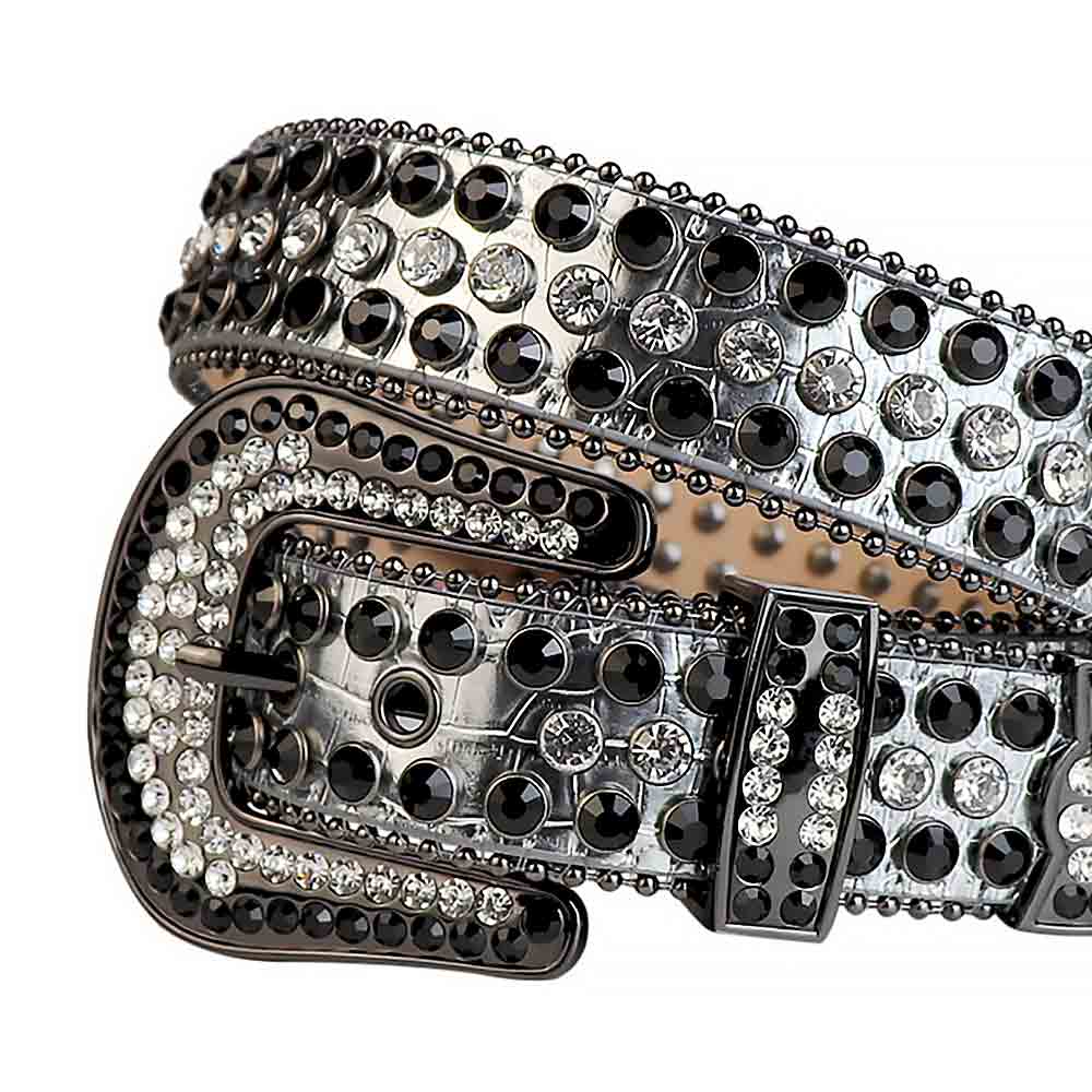 Silver Strap With White & Black Studded Rhinestone Belt