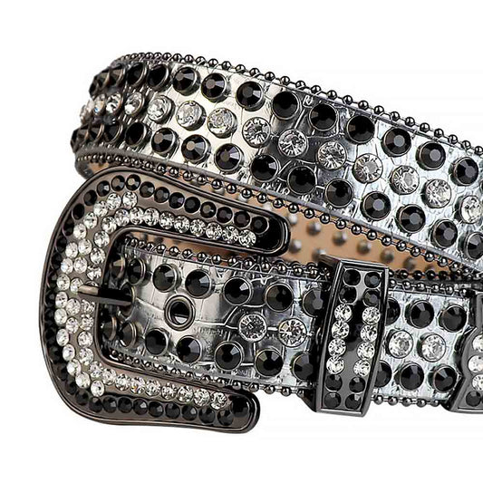 Silver Strap With White & Black Studded Rhinestone Belt