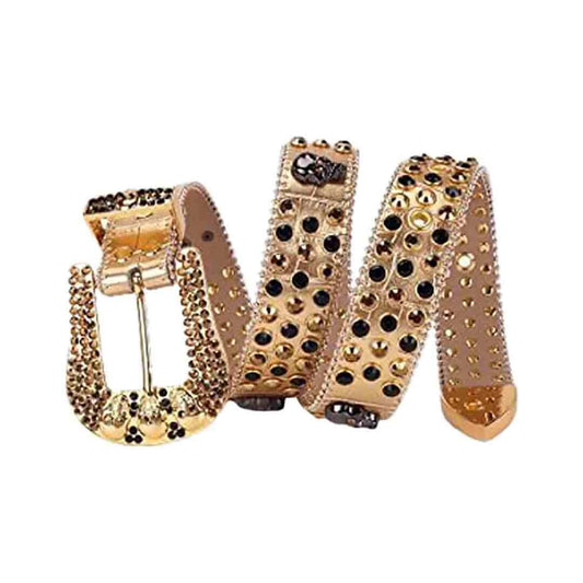 Gold Strap With Black & Gold Studded Rhinestone Skulls Belt