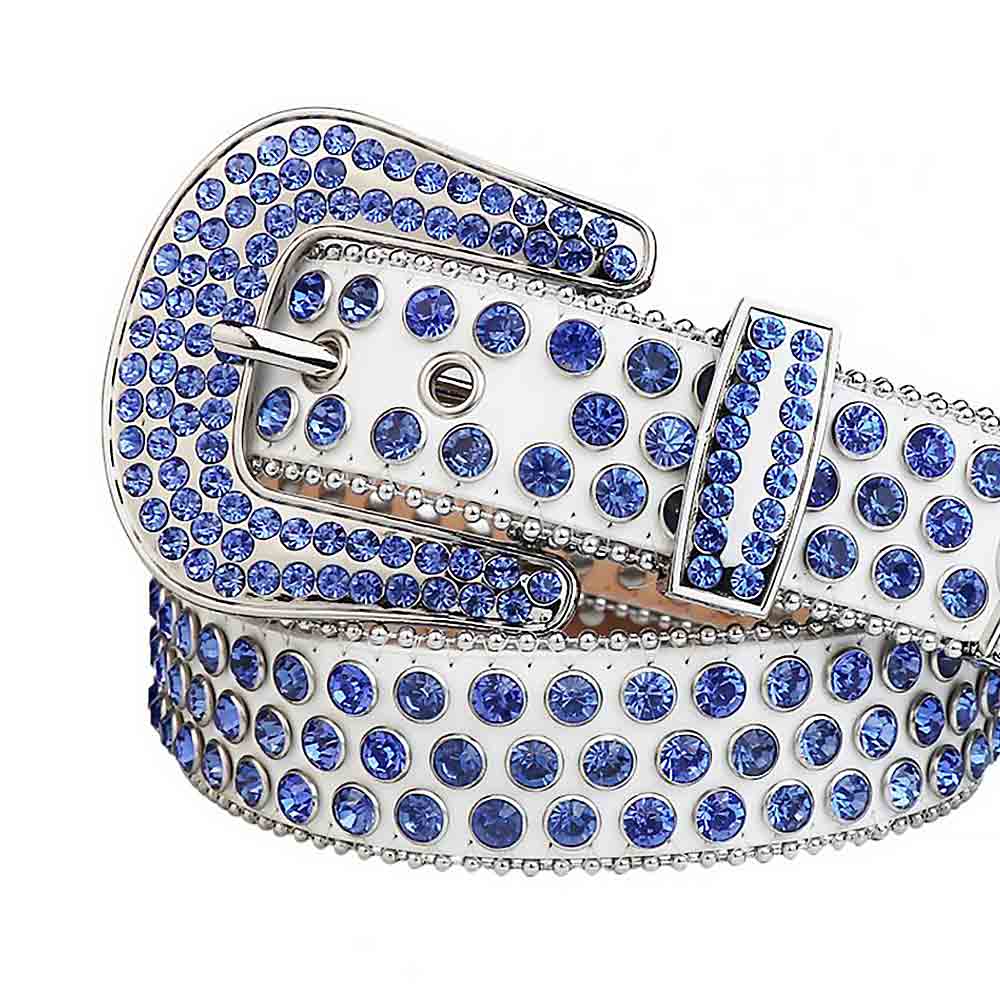 Sparkle White Leather Belt With Blue Rhinestones And Silver Buckle