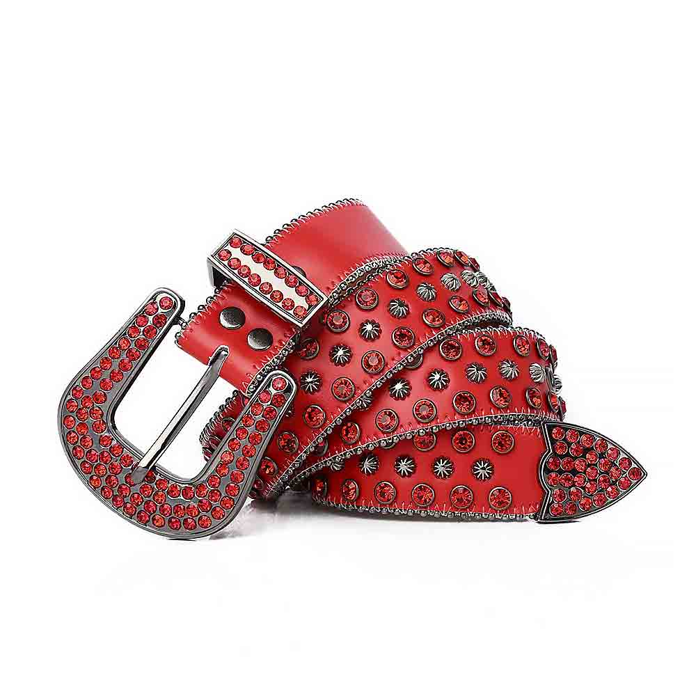 Red Strap With Red Rhinestone Hip Hop BB Belt