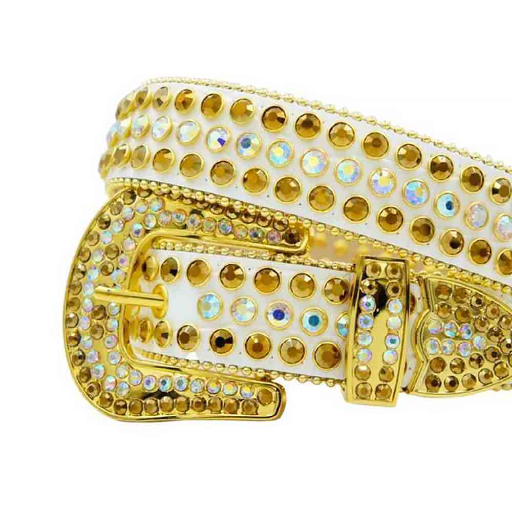 White Strap With Gold & Multi Studded Rhinestone Belt