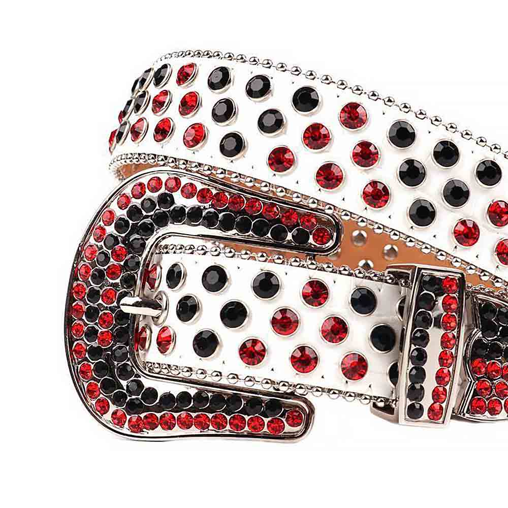 White Strap With Red & Black Studded Rhinestone Belt
