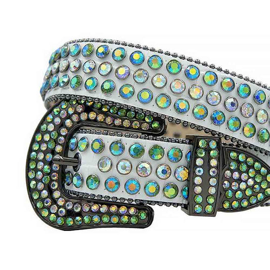 White Strap With Green & Multi Colour Studded Rhinestone Belt