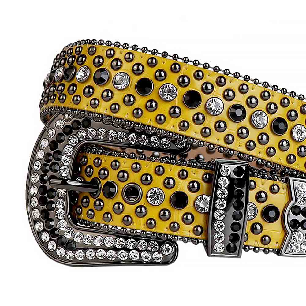 Yellow Strap With Black & Transparent Studded Rhinestone Belt