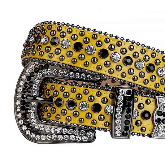 Yellow Strap With Black & Transparent Studded Rhinestone Belt