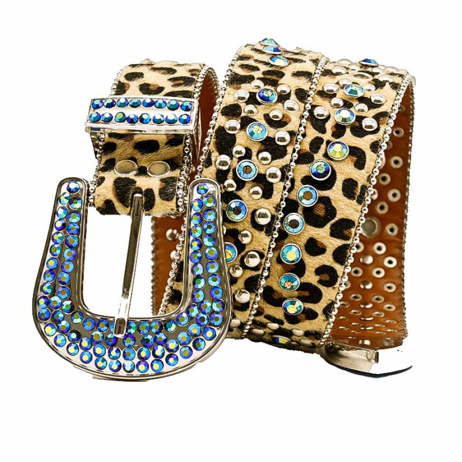 Brown Printed Strap With Blue Shiny Rhinestone Belt