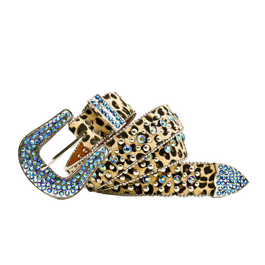 Brown Printed Strap With Blue Shiny Rhinestone Belt