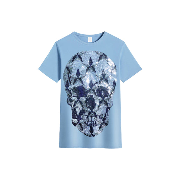 Men's Rhinestone Skull Printed Short Sleeve Bling Sparkling Diamond T-Shirt