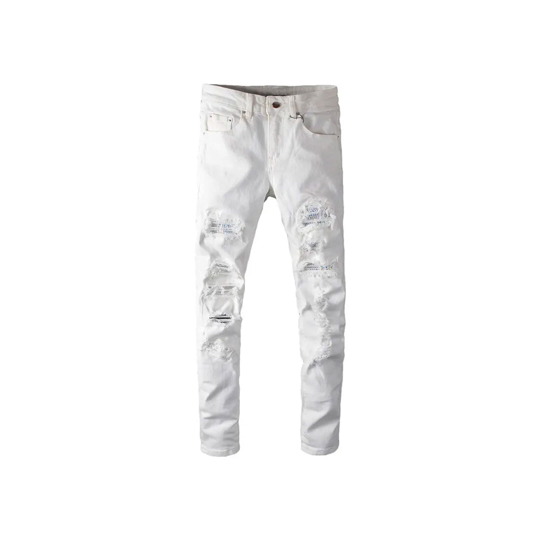 Men's White Crystal Stones Slim Skinny Denim Jeans