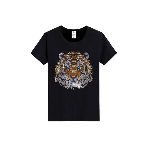 Men's Rhinestone Tiger Print Streetwear Short Sleeve Bling Sparkling Diamond T-Shirt