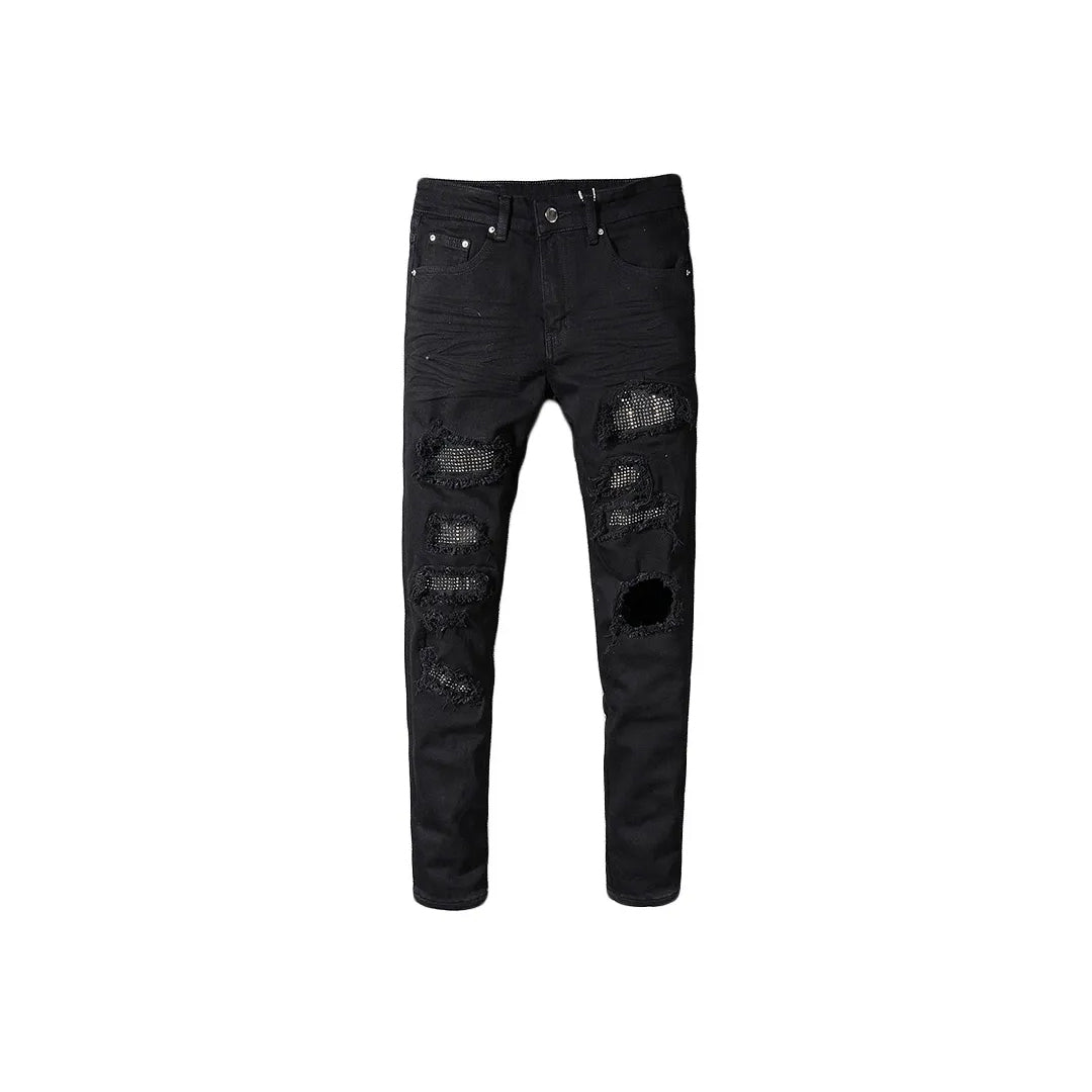 Men's Ripped Patchwork Crystal Stones Denim Jeans
