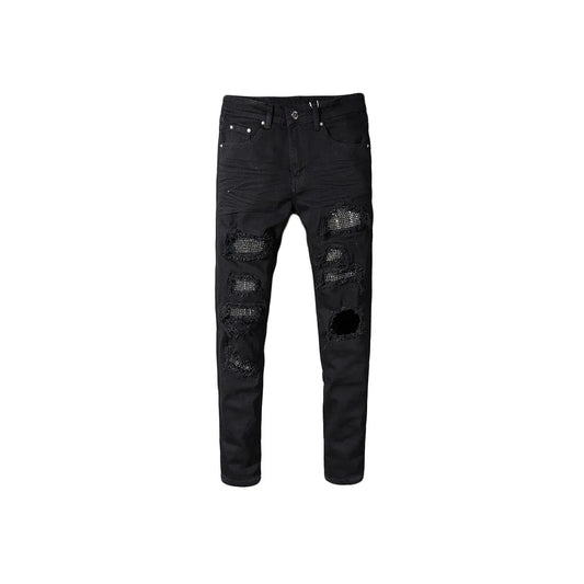 Men's Ripped Patchwork Crystal Stones Denim Jeans