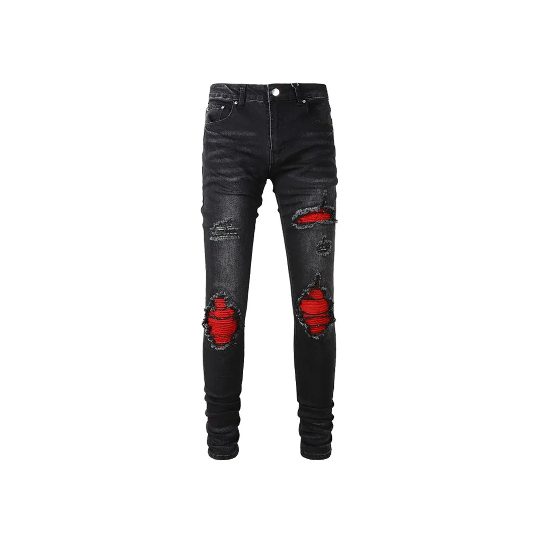 Men's Stretch Ripped Patched Biker Denim Jeans