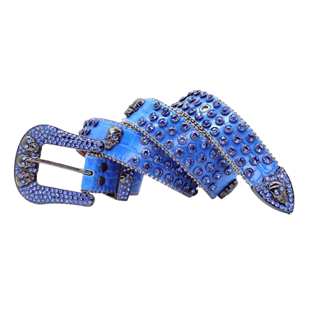 Skull Buckle Blue Strap With Blue Studded Rhinestone Belt