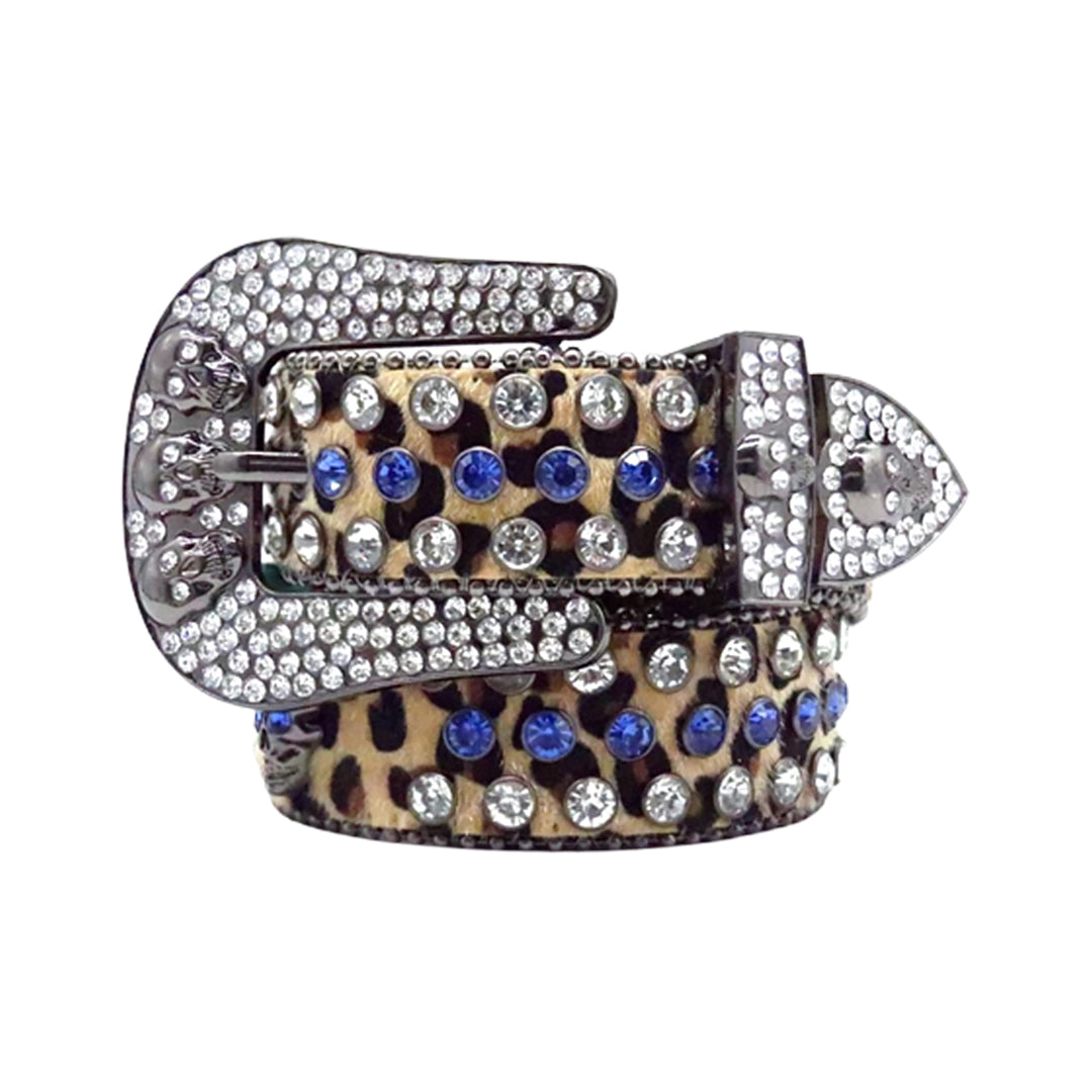 Leopard Print Strap Skull Buckle With Crystal & Blue Rhinestone Belt