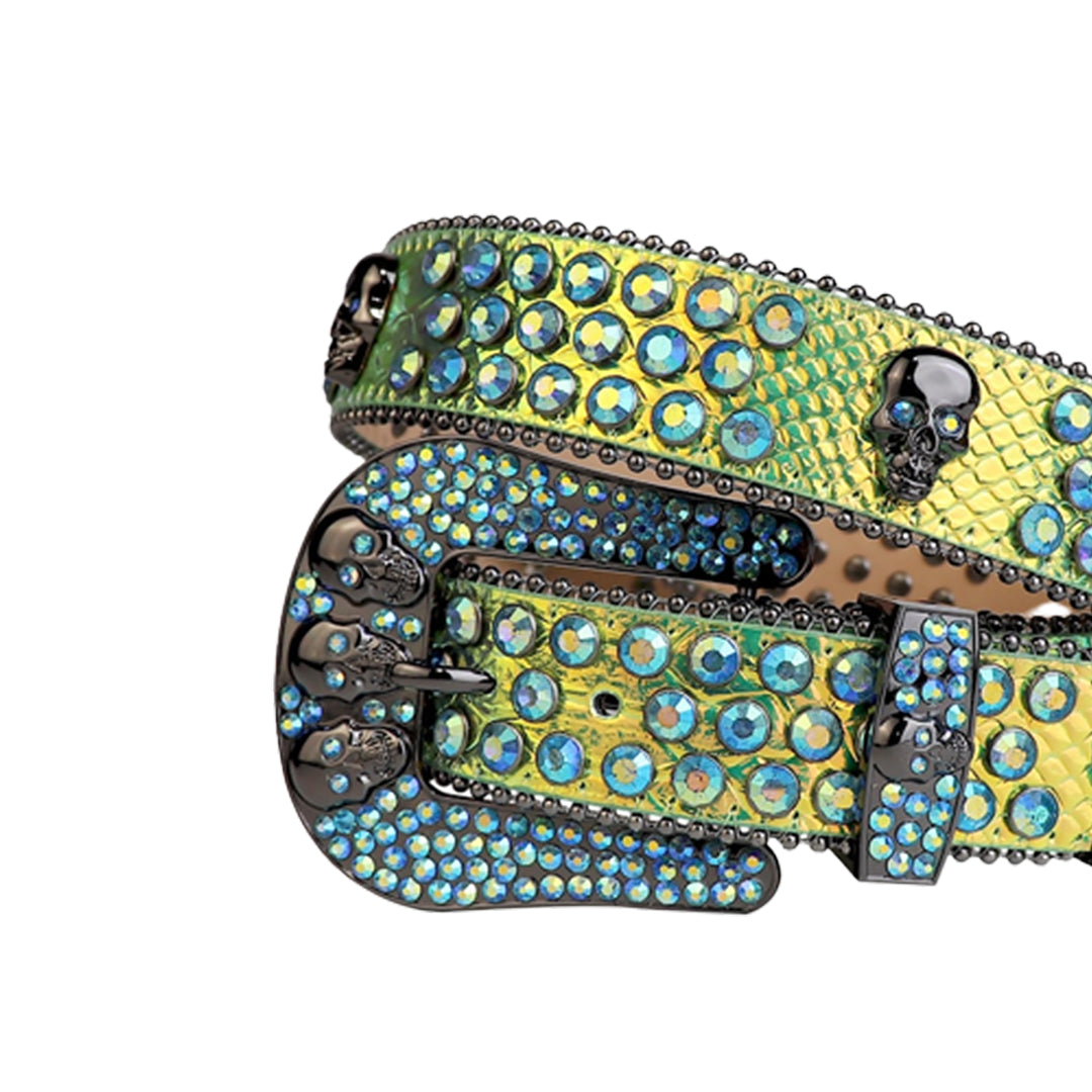 Skull Buckle Shiny Gold Strap With Multi Rhinestone Belt