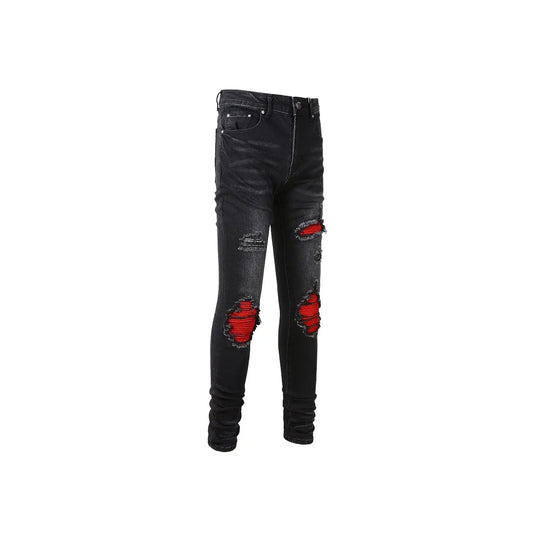 Men's Stretch Ripped Patched Biker Denim Jeans