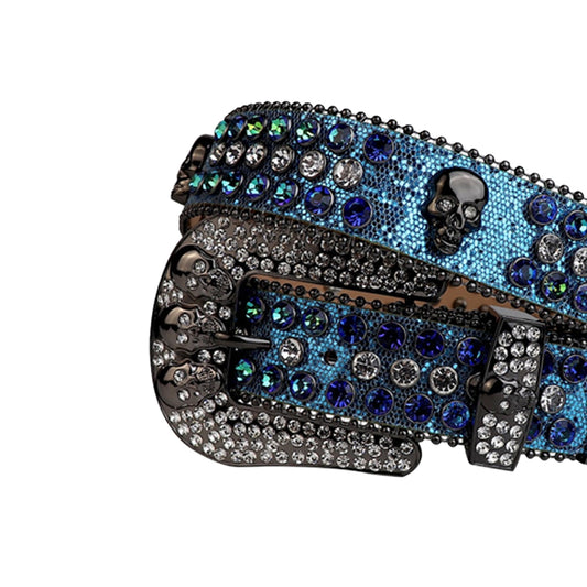 Shiny Blue Strap Skull Buckle With Blue & Crystal Studded Rhinestone Belt