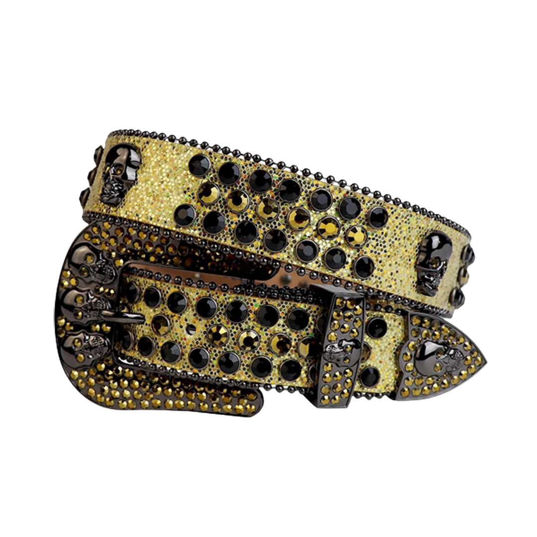 Skull Buckle Gold Strap With Black & Gold Shiny Rhinestone Belt