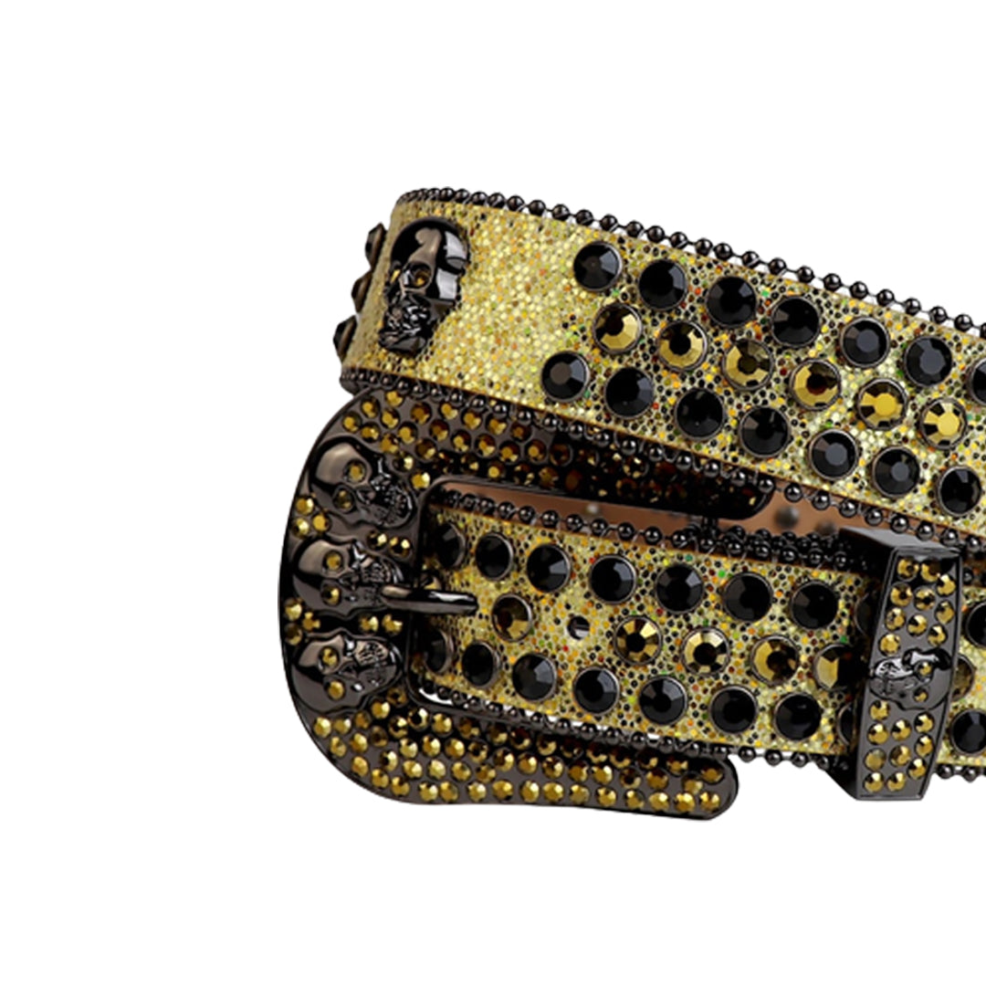 Skull Buckle Gold Strap With Black & Gold Shiny Rhinestone Belt