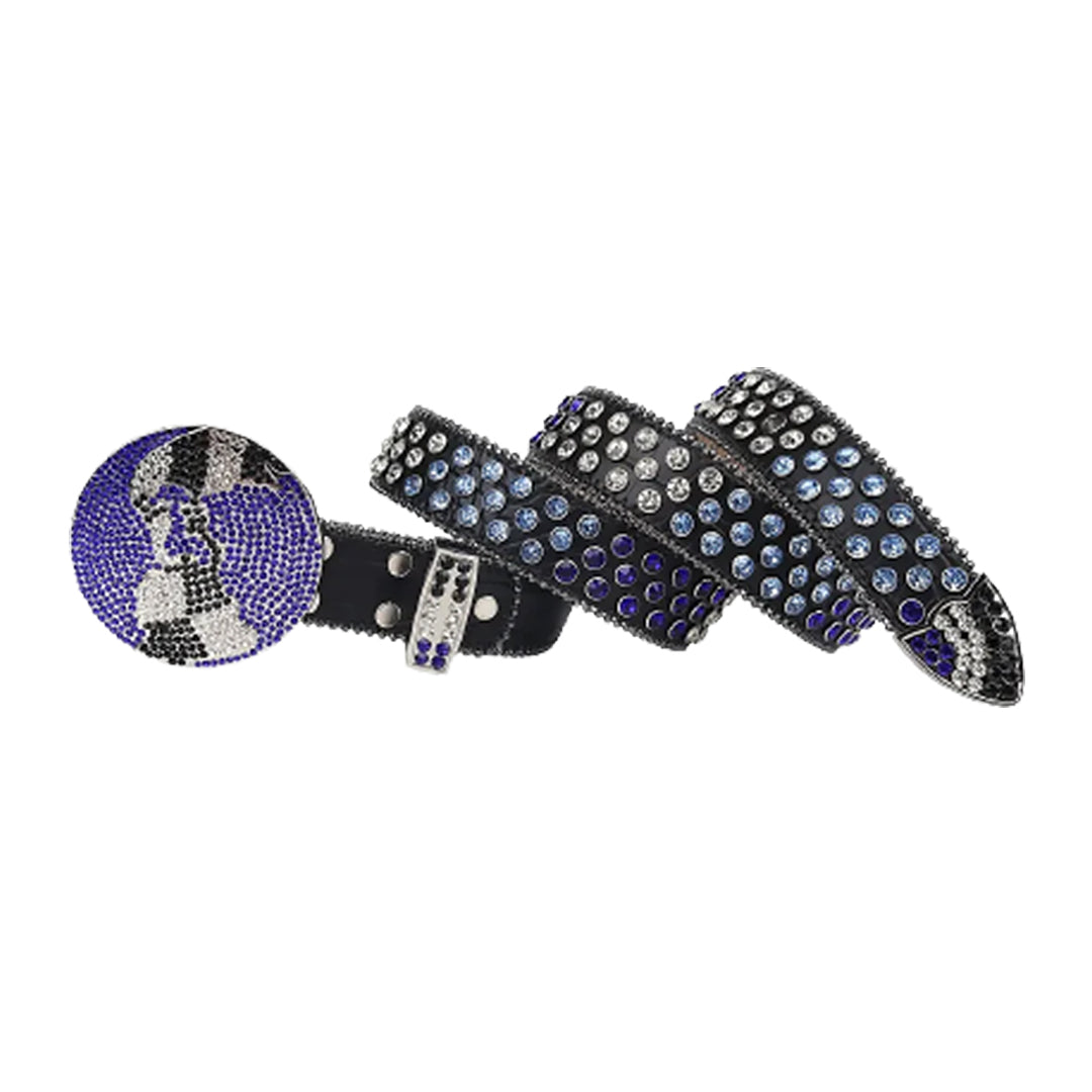 Black Strap Globe Buckle With Purple & Blue Crystal Studded Rhinestone Belt