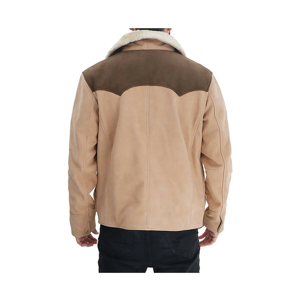 Mens Beige and Brown Bomber Real leather jacket with Searling Collar