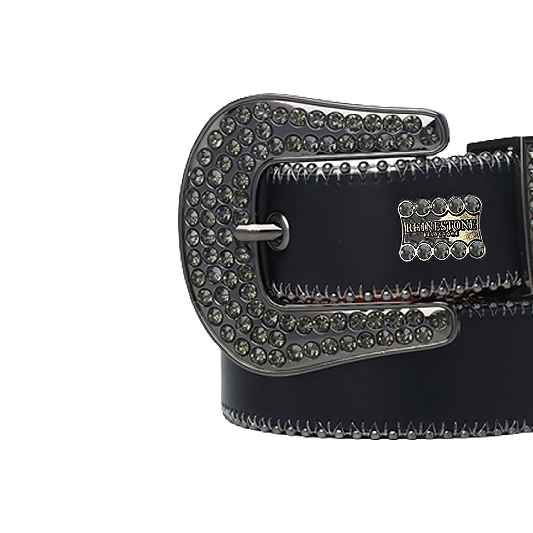 Black Strap With Grey Stone & Rhinestone Logo Belt