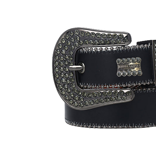Black Strap With Grey Stone & Rhinestone Logo Belt
