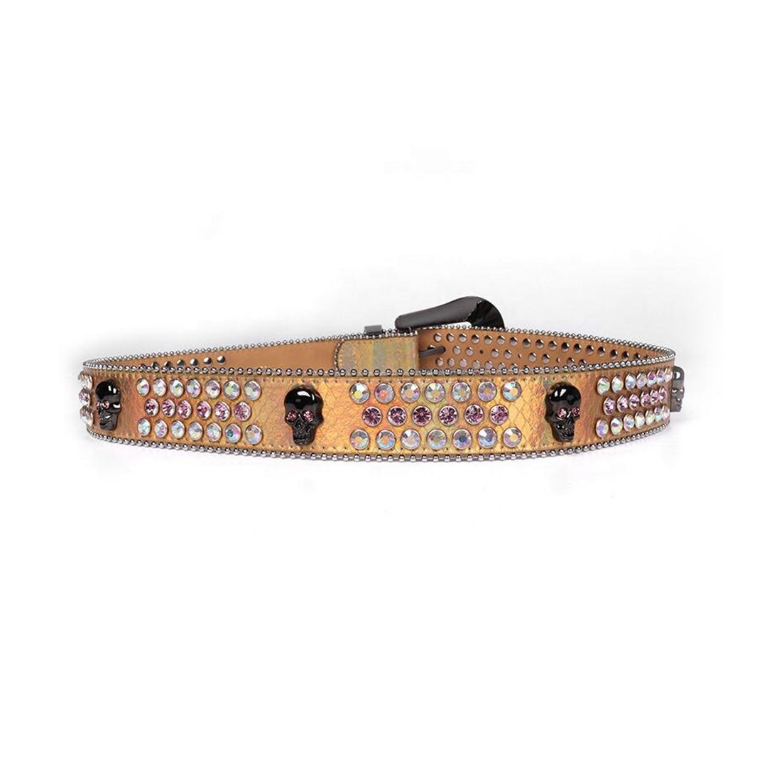 Gold Strap Skull Buckle With Shiny Pink & Multi Rhinestone Belt