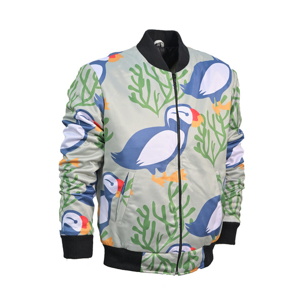 Bird Pattern Full Zip Printed Bomber Jacket
