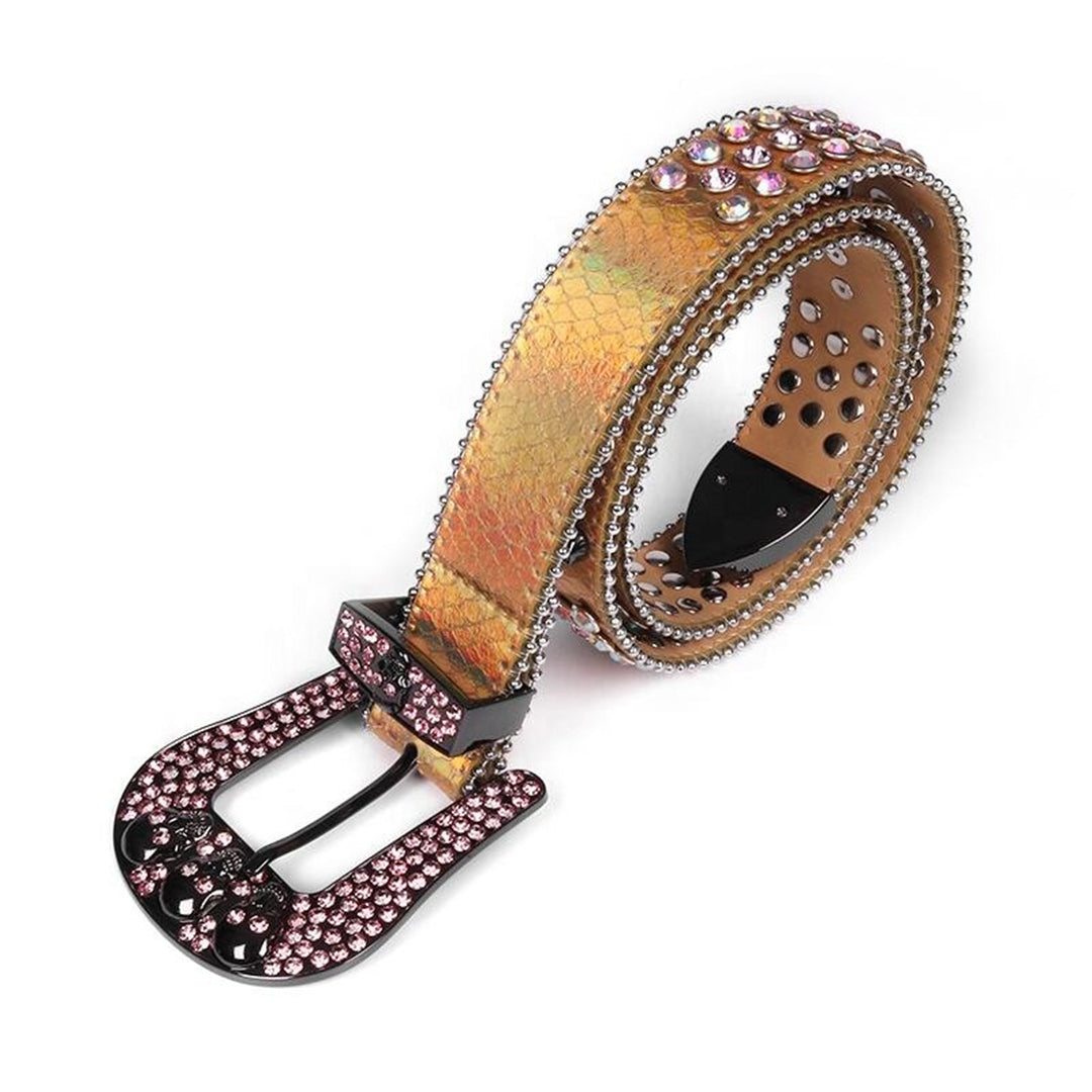 Gold Strap Skull Buckle With Shiny Pink & Multi Rhinestone Belt
