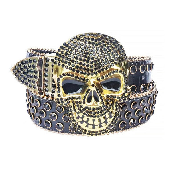 Black Rhinestone Belt With Black Strap and Skull Buckle