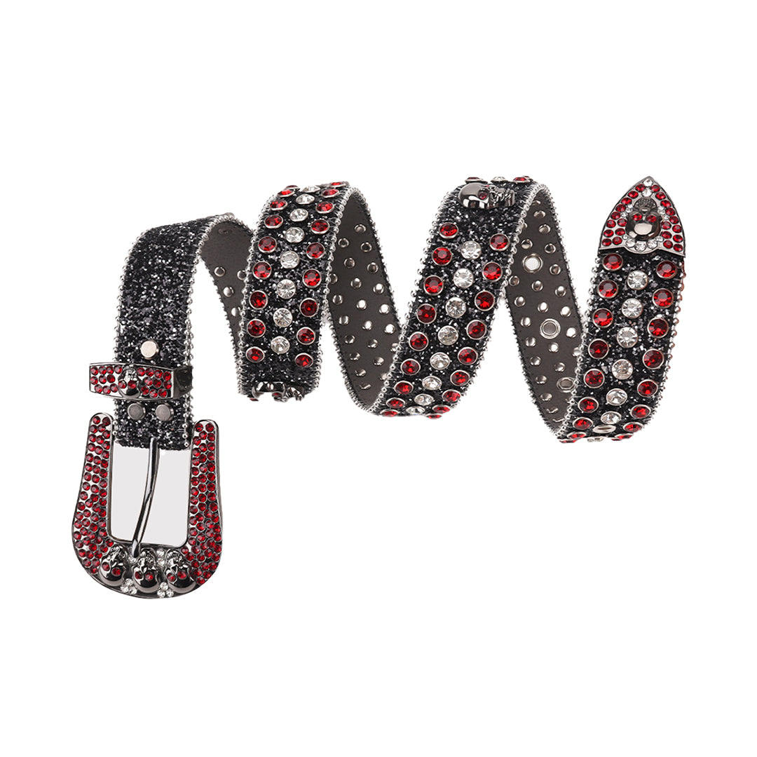 Skull Black Strap With Red & Silver Rhinestone Belt