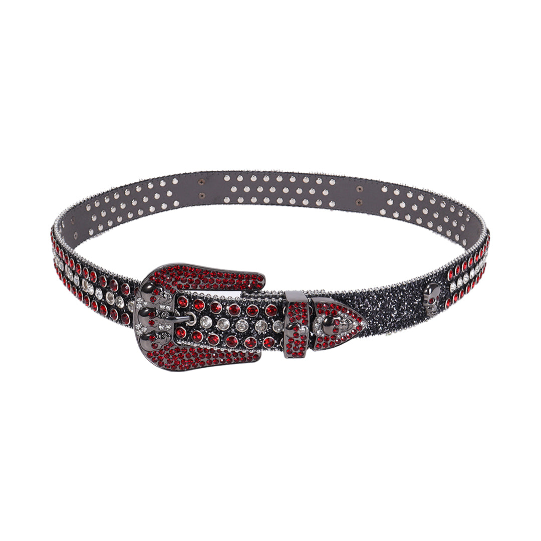 Skull Black Strap With Red & Silver Rhinestone Belt