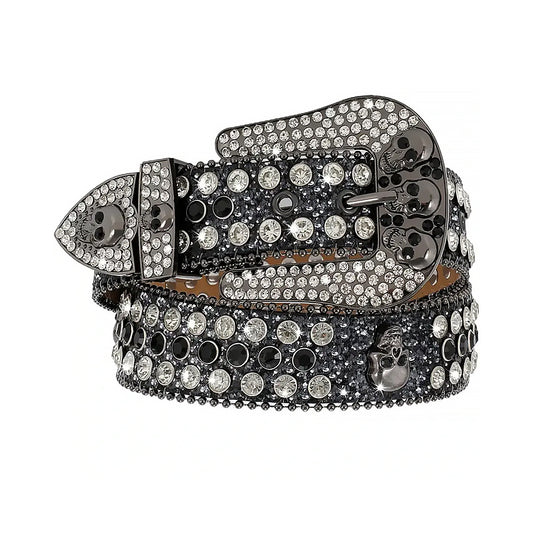 Black Skull Buckle With Black & Crystal Shiny Rhinestone Belt