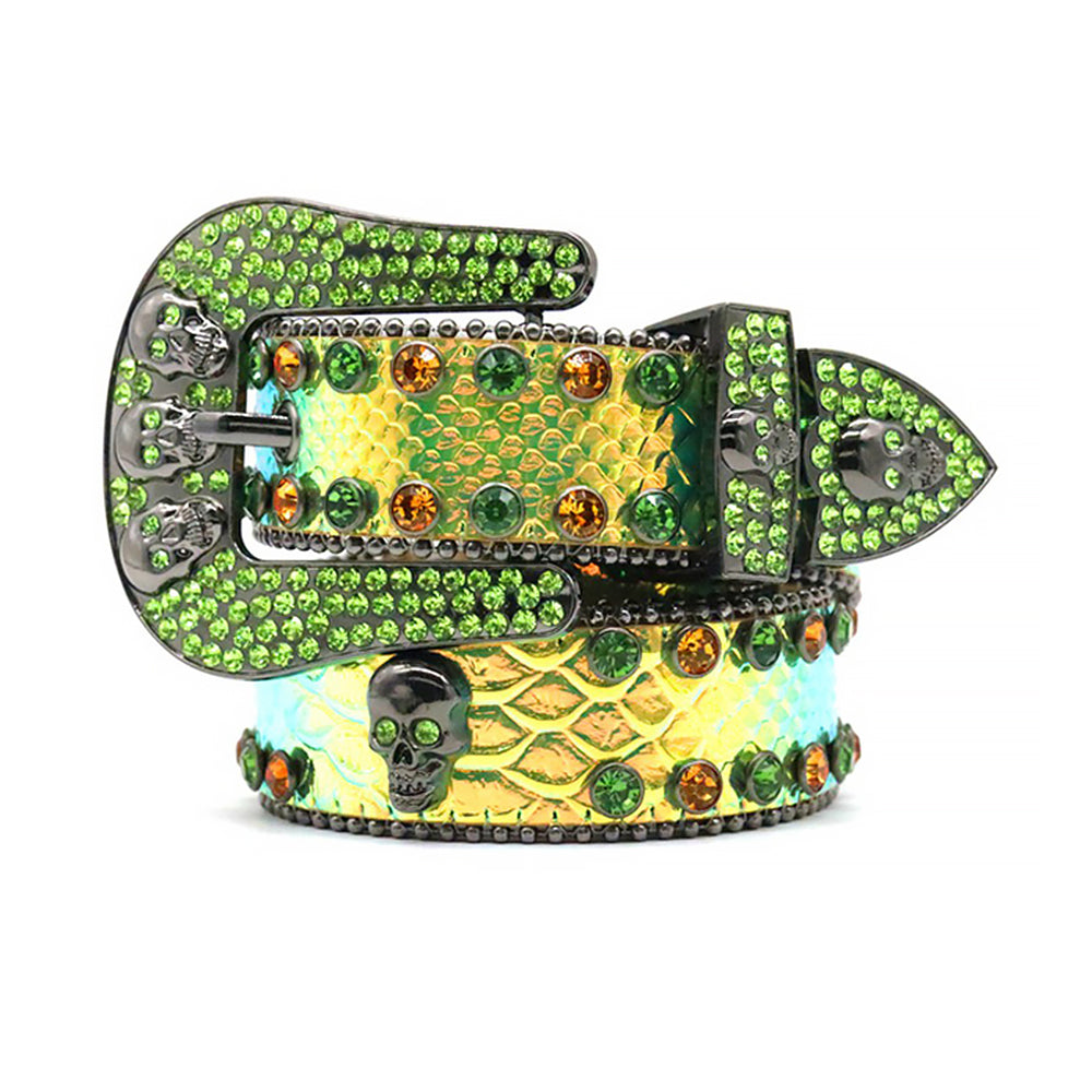 Skull Green Strap With Green & Gold Shiny Rhinestone Belt