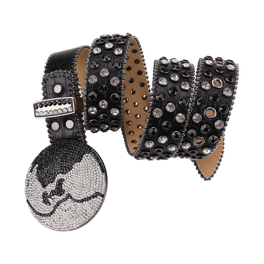 Black Strap Earth World Buckle Belt With Silver & Black Studded Rhinestone