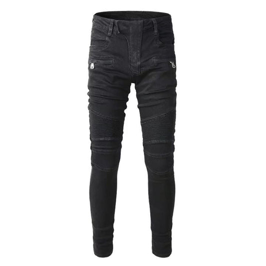 Men's Motorbike Patchwork Zippers Skinny Ripped Jeans
