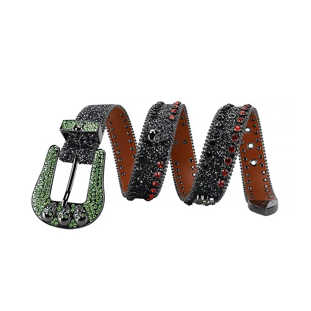 Skull Buckle Black Belt With Black & Red Shiny Stones
