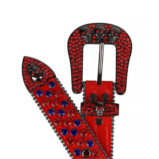 Skull Red Strap With Red & Blue Studded Rhinestone Belt