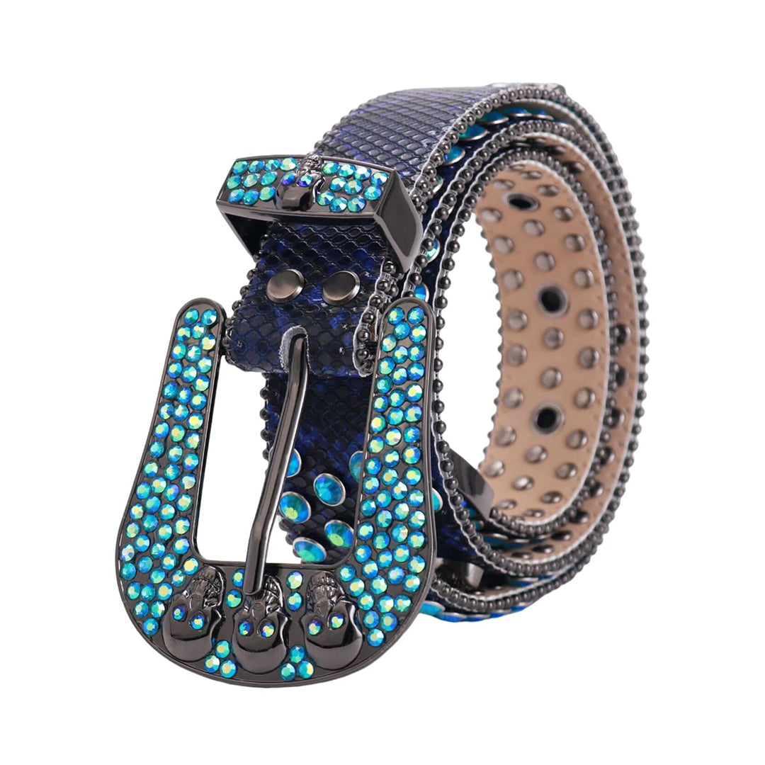 Blue Strap Skull Buckle With Studded Blue Rhinestone Belt
