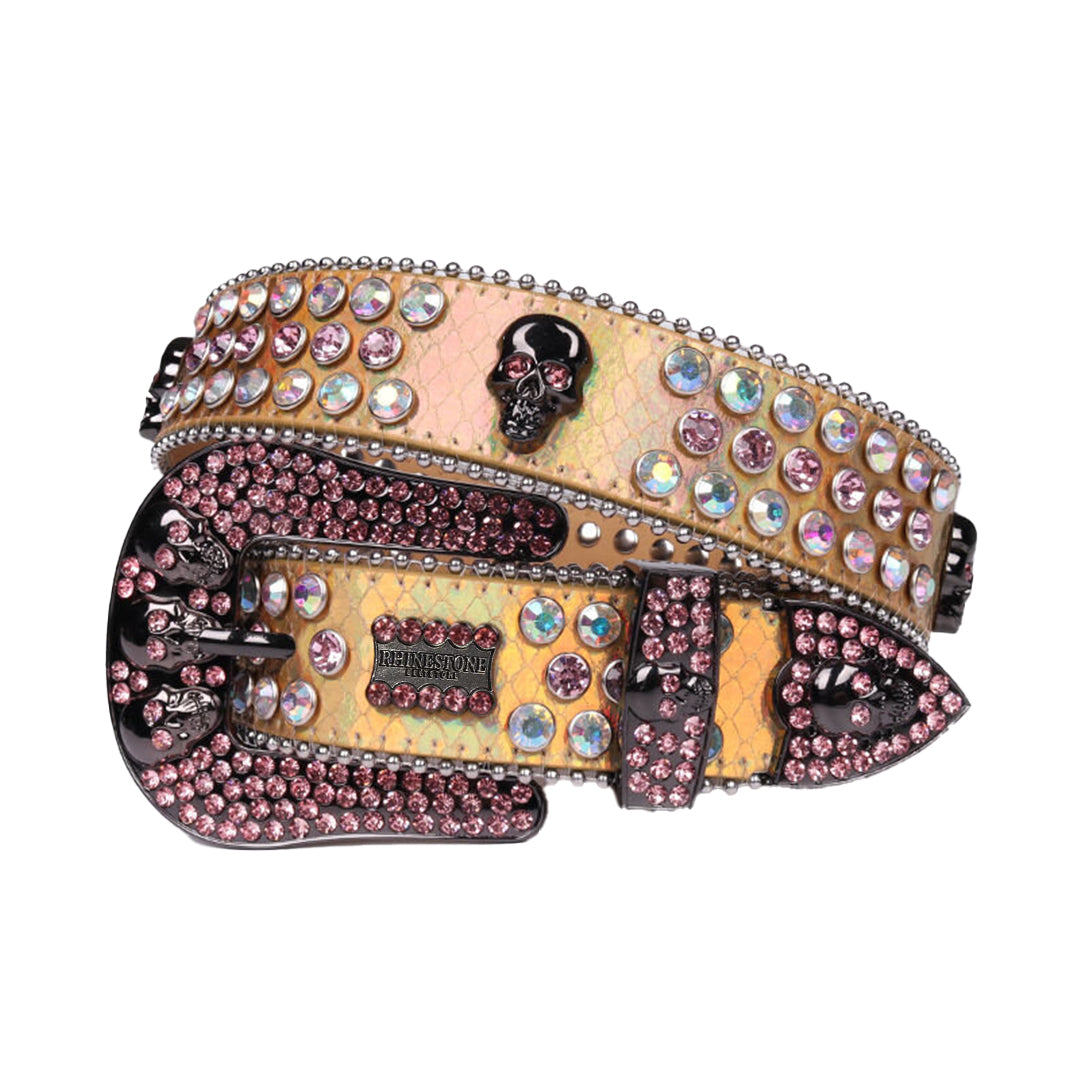 Gold Strap Skull Buckle With Shiny Pink & Multi Rhinestone Belt ...