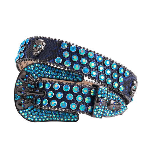Blue Strap Skull Buckle With Studded Blue Rhinestone Belt