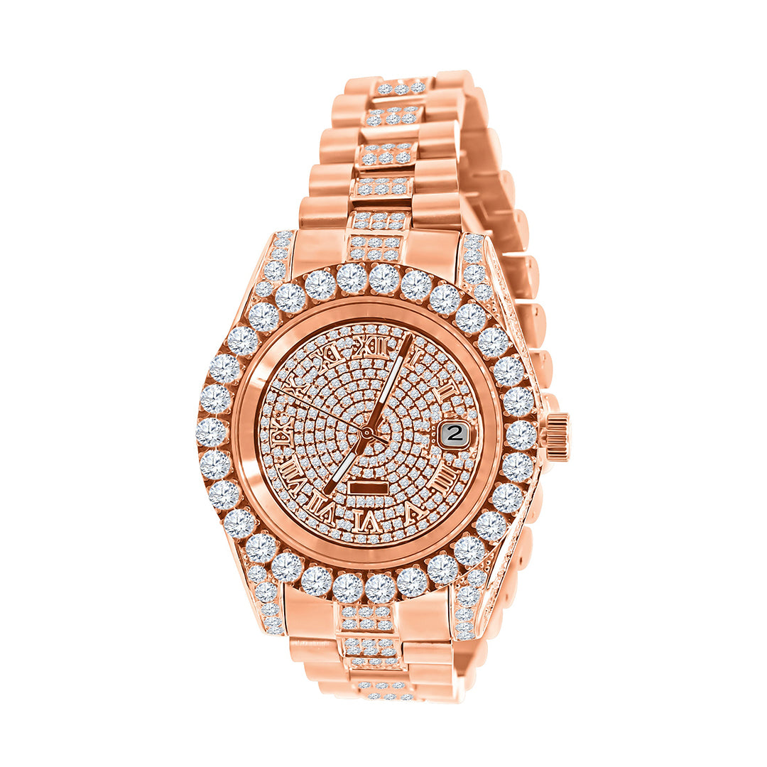 Gold Iced Out Round Cut Rhinestone Watch