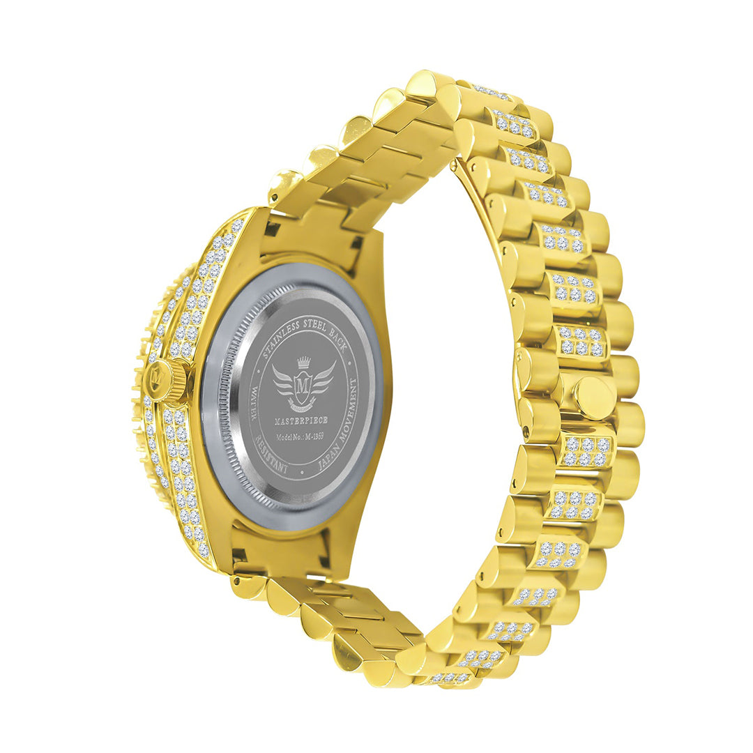 Gold Iced Out Round Cut Rhinestone Watch