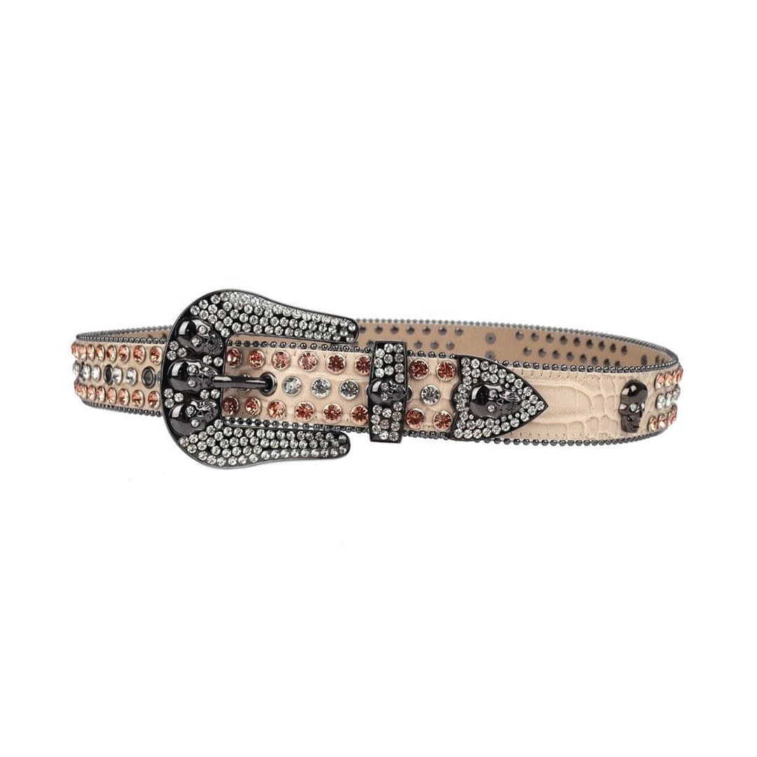 Skull Beige Strap With Shiny Gold & Silver Rhinestone Belt