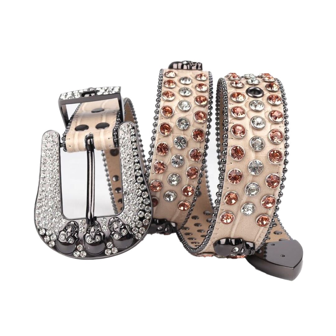 Skull Beige Strap With Shiny Gold & Silver Rhinestone Belt