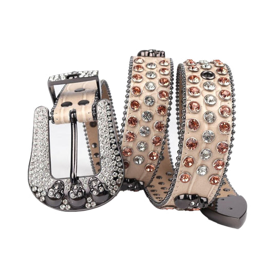 Skull Beige Strap With Shiny Gold & Silver Rhinestone Belt