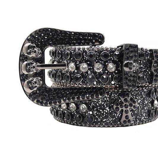 Skull Buckle Black Strap With Black & Crystal Rhinestone Belt